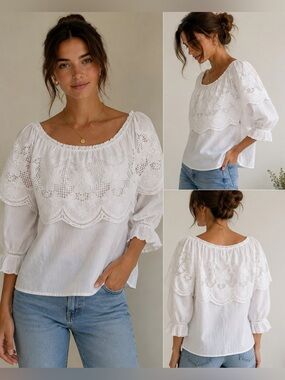 Ellison White Cotton Eyelet Lace Peasant Top - Women